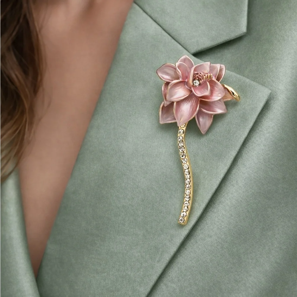 Pink Flower Gold Crystal Brooch